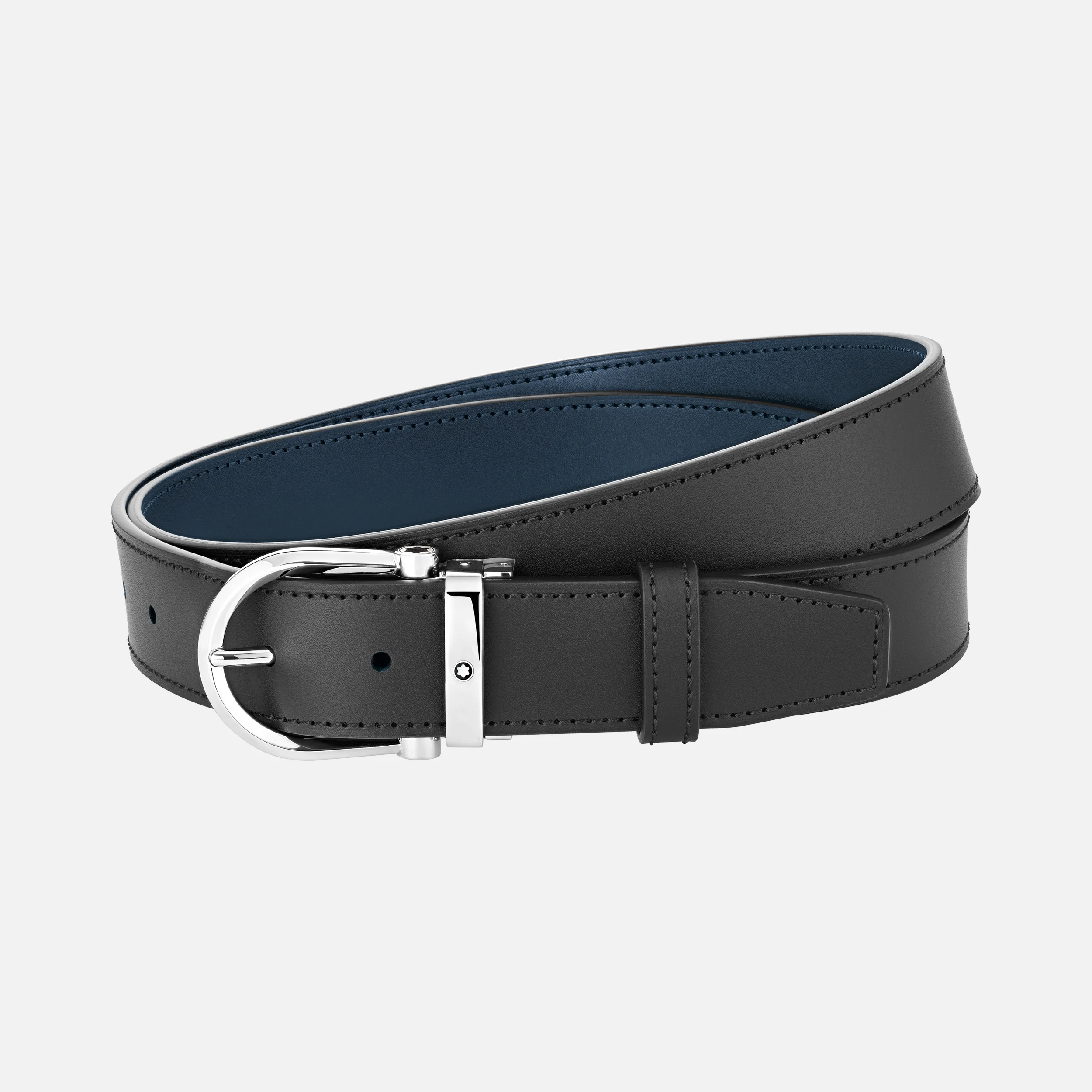 Montblanc Cintura reversibile in pelle nera/blu 35 mm con fibbia a ferro di cavallo