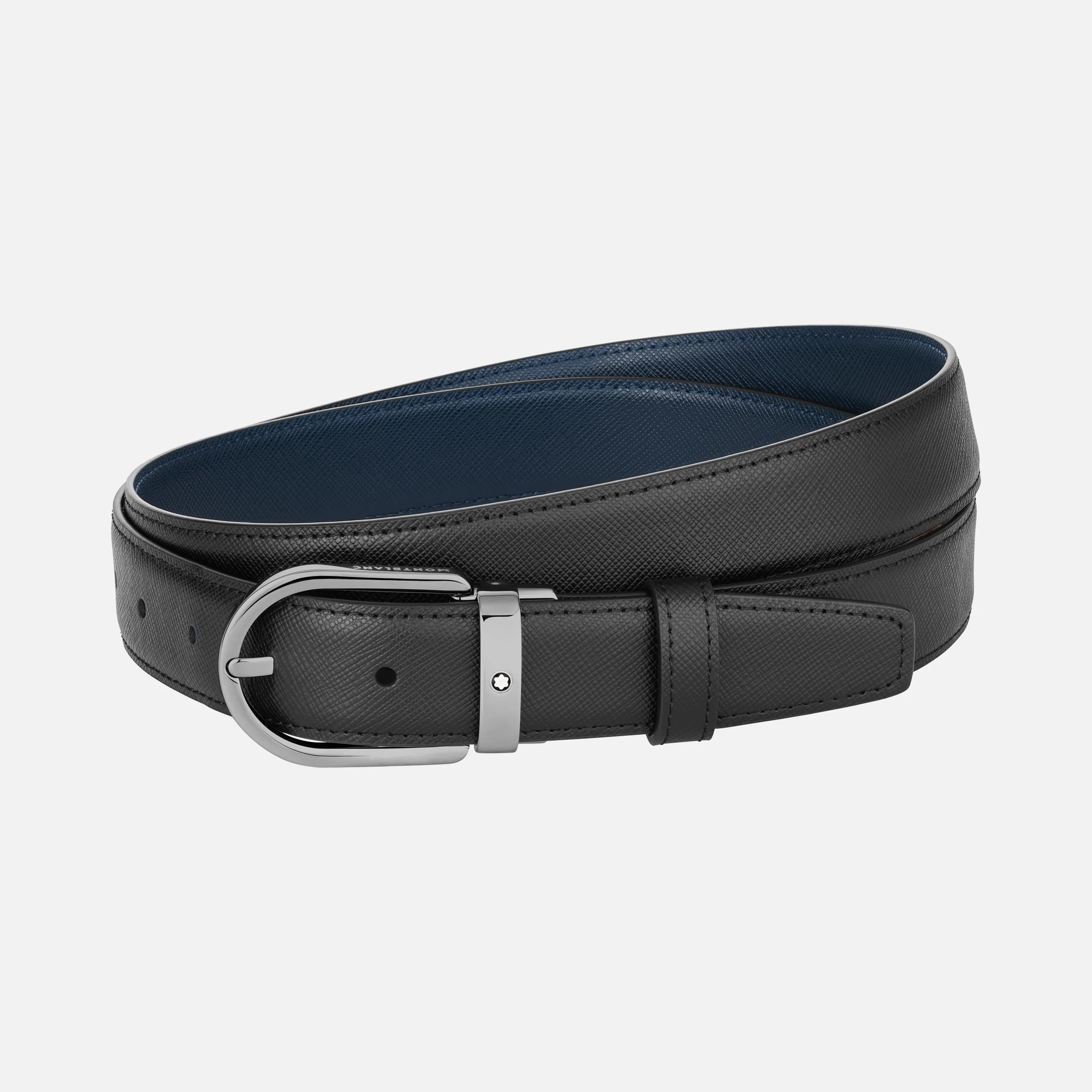 Montblanc Cintura reversibile in pelle nera/blu 30 mm con fibbia a ferro di cavallo