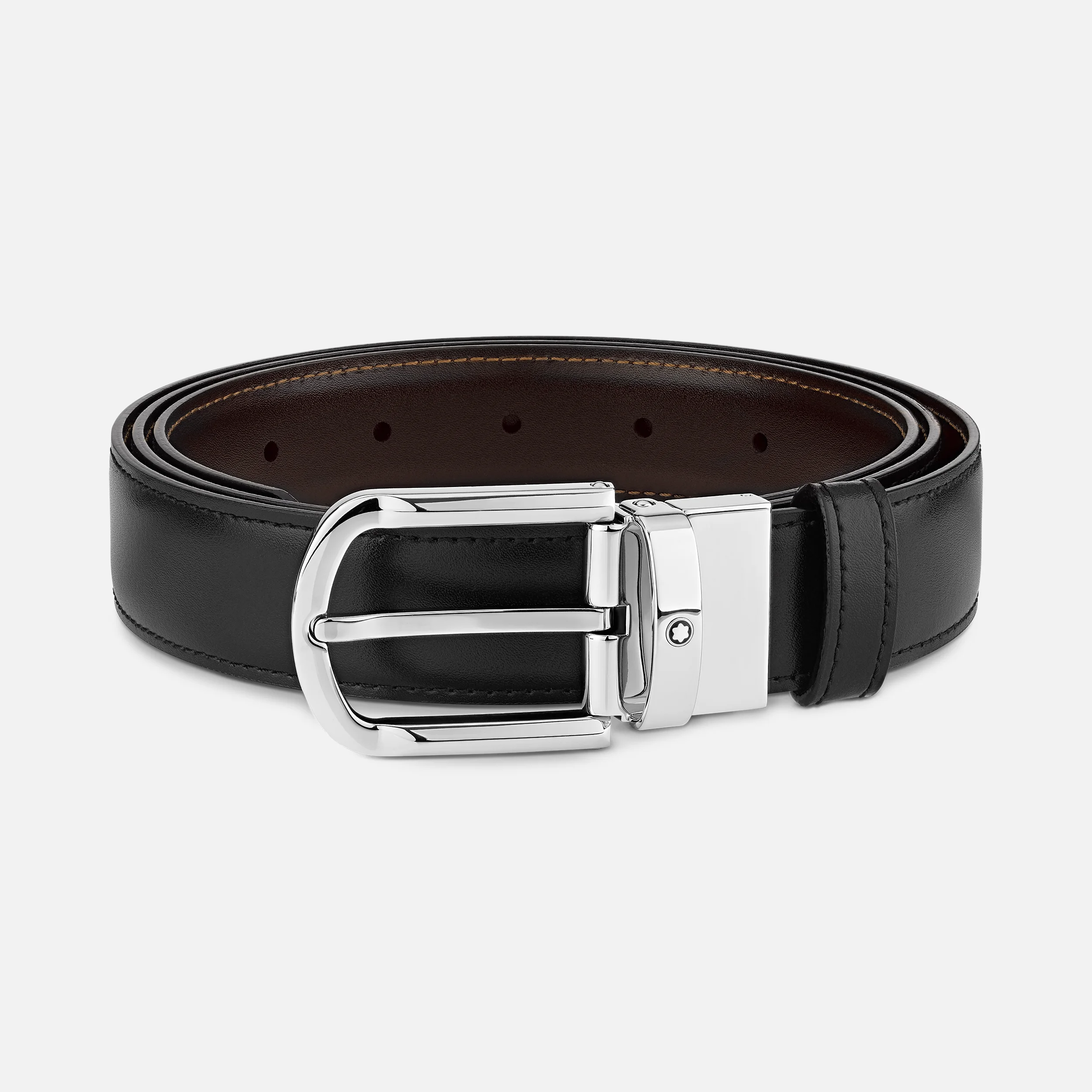 Montblanc Cintura reversibile in pelle nera/marrone 30 mm con fibbia a ferro di cavallo