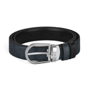 Montblanc Cintura in Pelle Reversibile Tweed Blue/Nero con Fibbia a Ferro di Cavallo 30 mm
