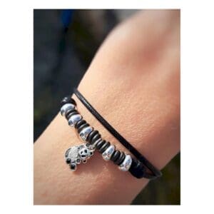 DoDo Bracciale Cordino Dieci rondelle in titanio, cinque bold in argento e ciondolo Panda in argento e diamanti