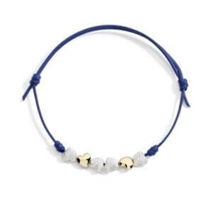 DoDo Bracciale Cordino Sottile con due cuori in oro giallo 9k e quattro cuori in argento diamantato